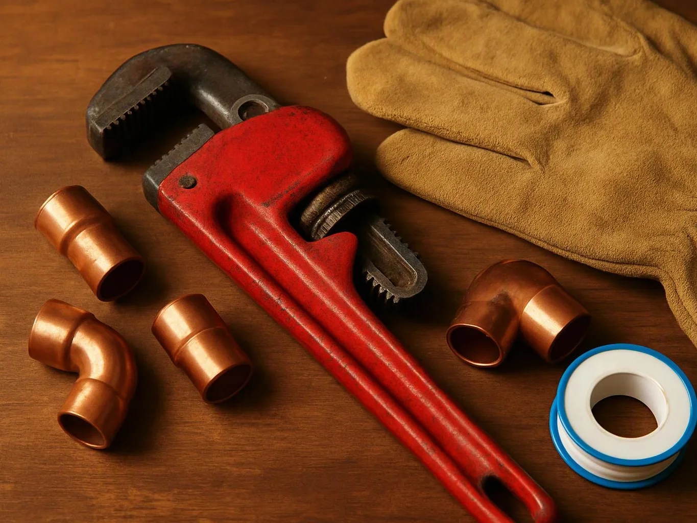 A red pipe wrench lies beside copper fittings, plumber’s tape, and a tan work glove on wood tabletop