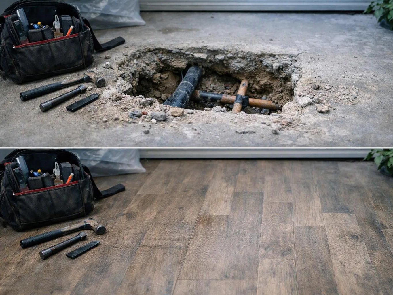 A repair bag and tools sit beside a broken concrete floor, with a finished wood floor shown below