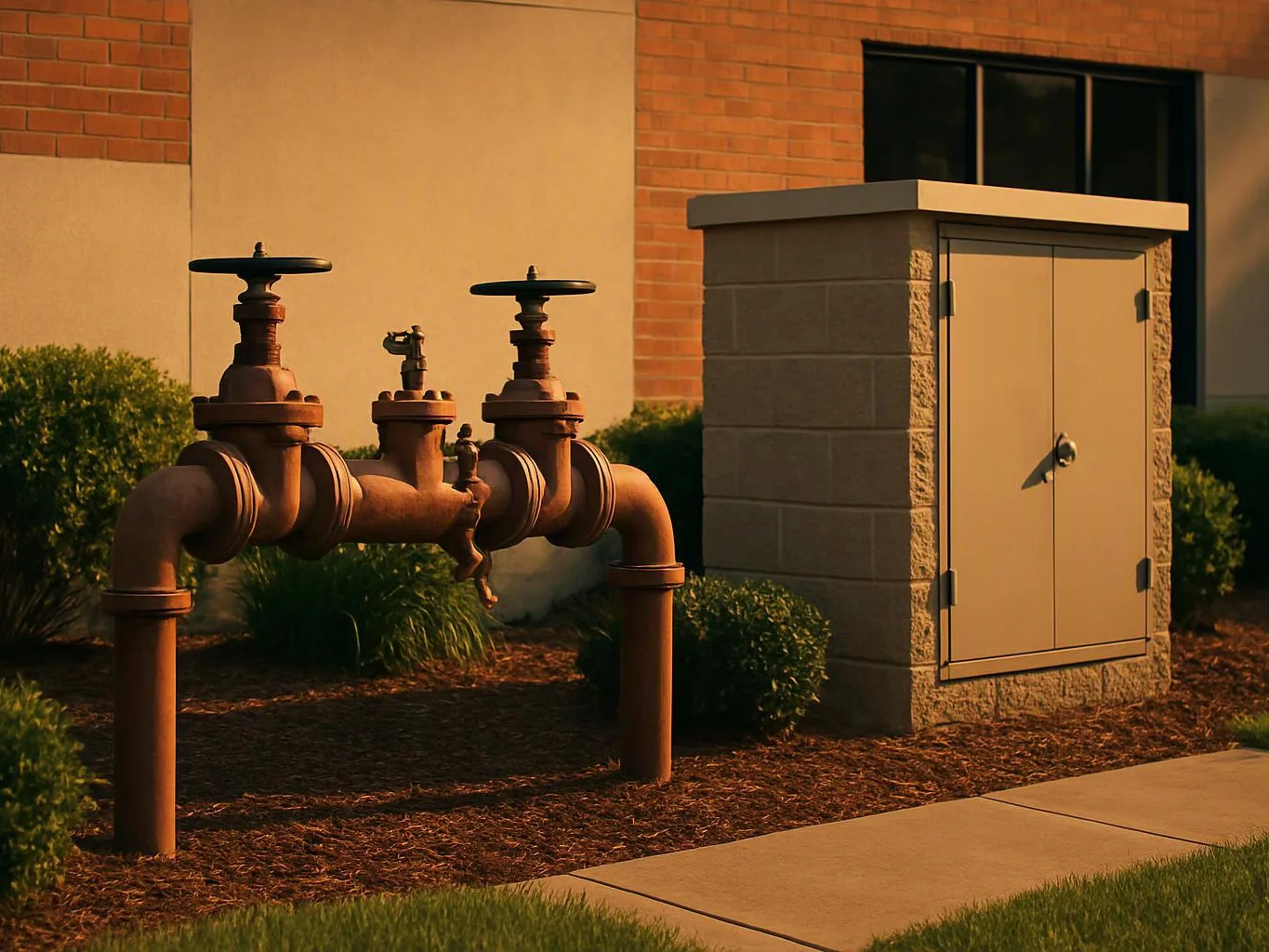 Rusty industrial pipes and valves stand beside a beige utility cabinet outside a brick building