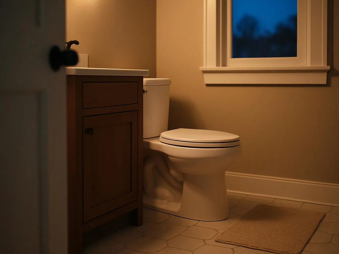 A small bathroom shows a toilet, sink cabinet, window, and a bath mat in warm evening light