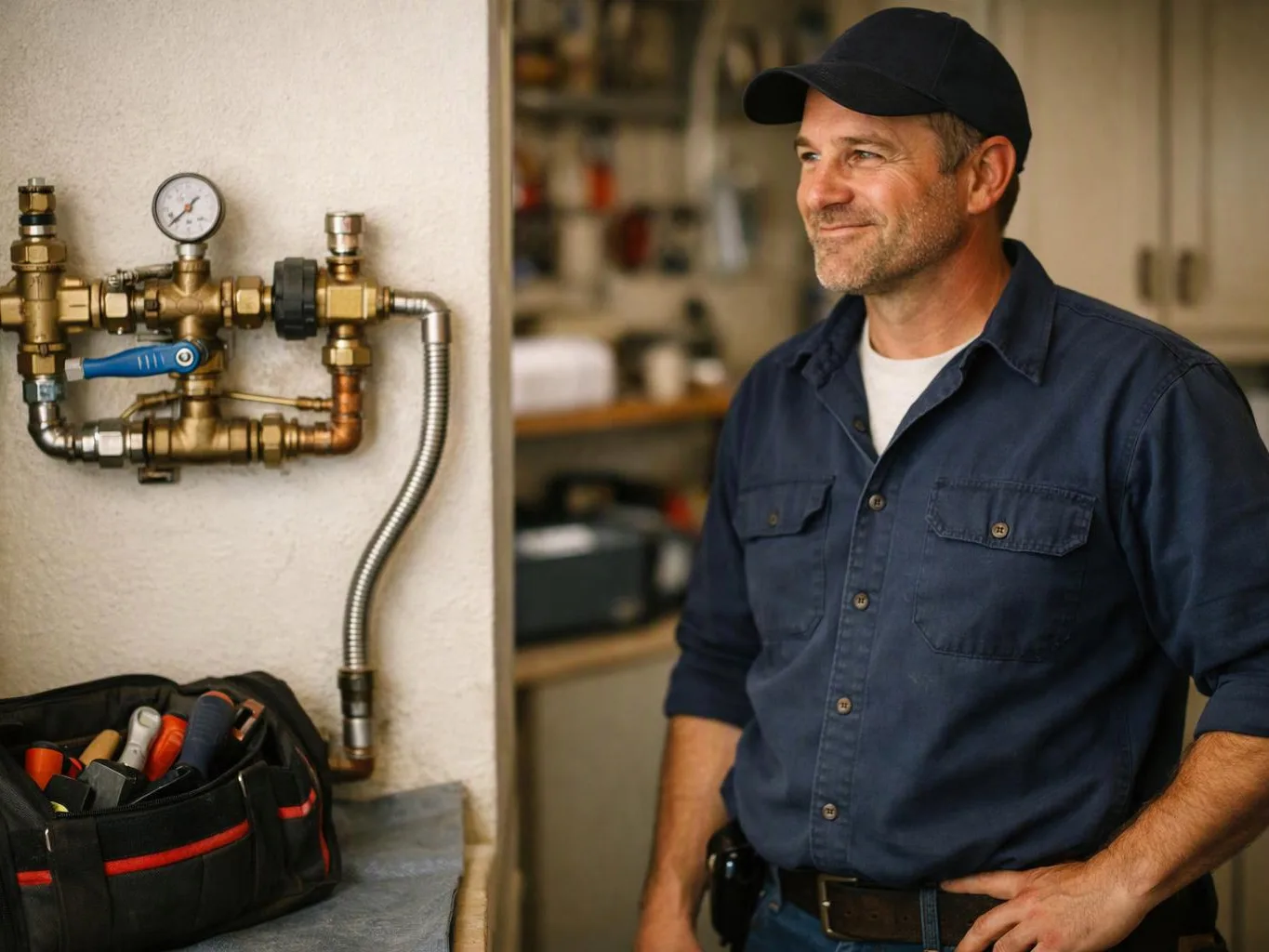 A smiling man in a cap stands beside brass pipes and a pressure gauge in a workshop