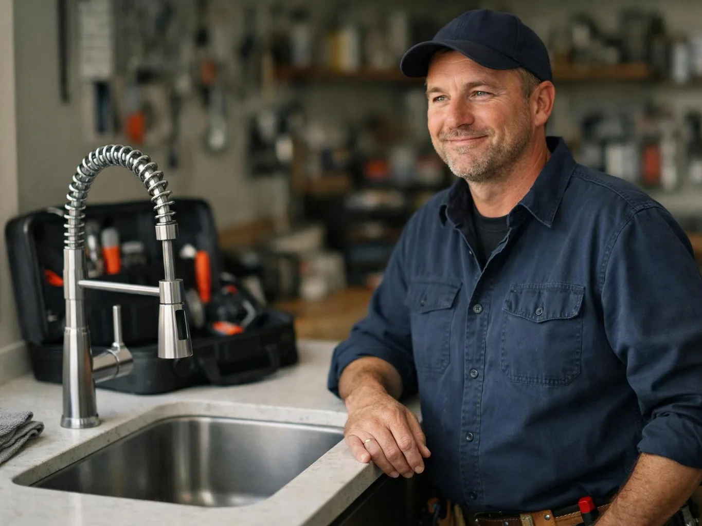 A smiling man in a cap stands beside a kitchen sink with a tall faucet and tool case