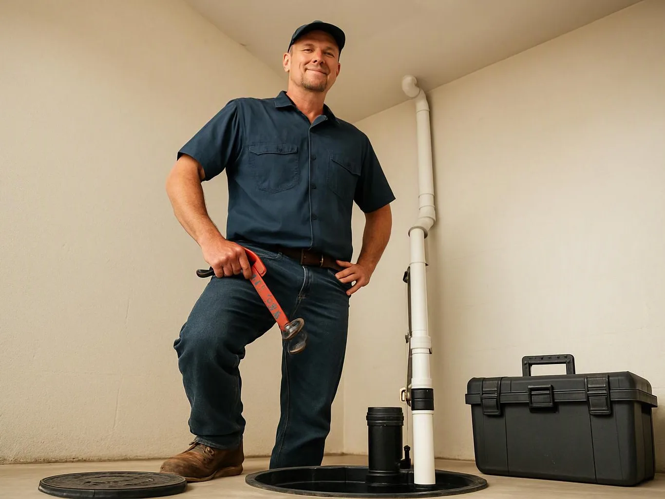 A smiling man in work clothes stands by a floor opening, holding a wrench beside white pipes and a black toolbox