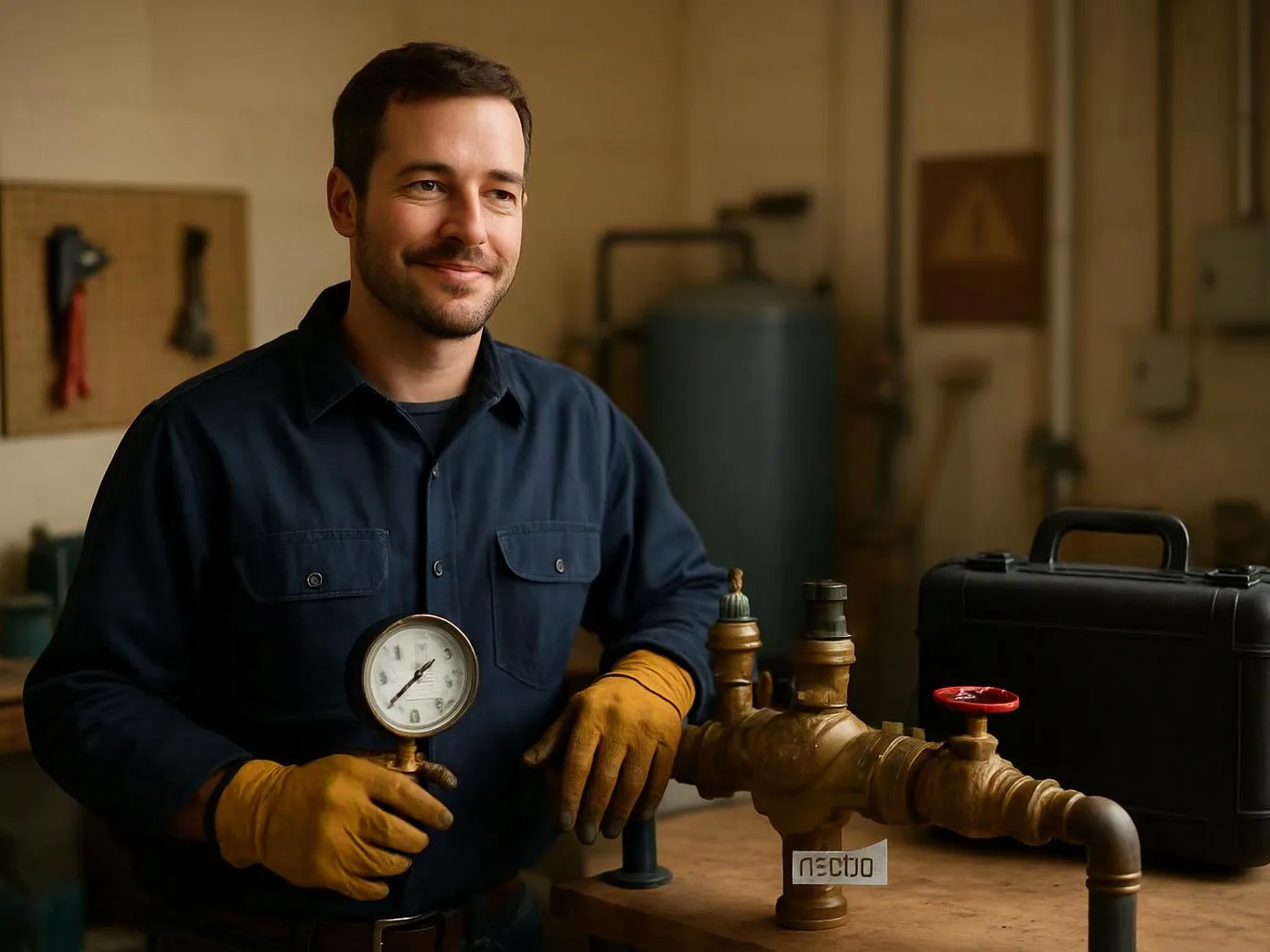 A smiling man in work gloves holds a pressure gauge beside brass pipes and a black toolbox in a workshop