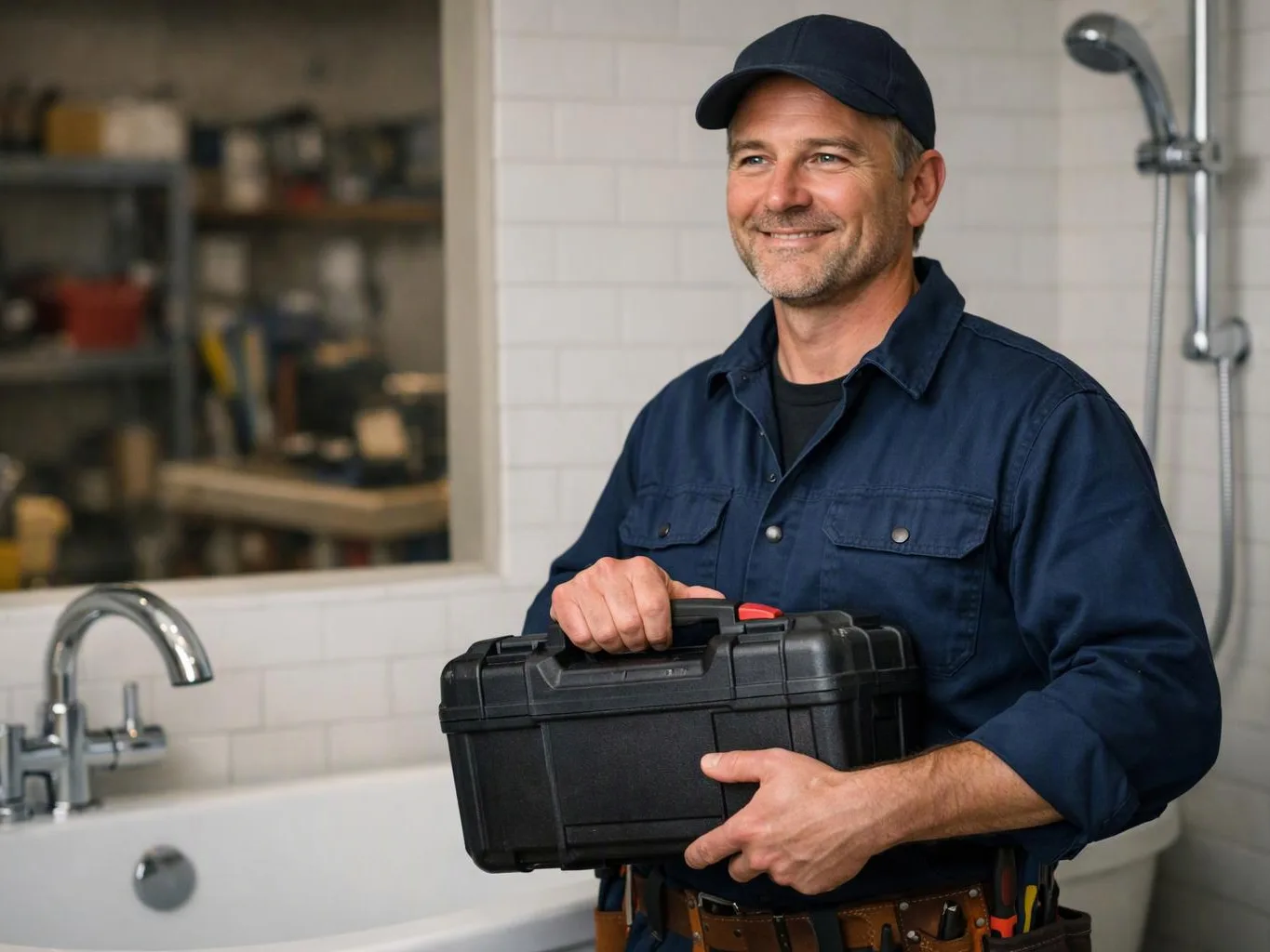 A smiling man in a work uniform holds a black toolbox in a tiled bathroom near a bathtub and shower