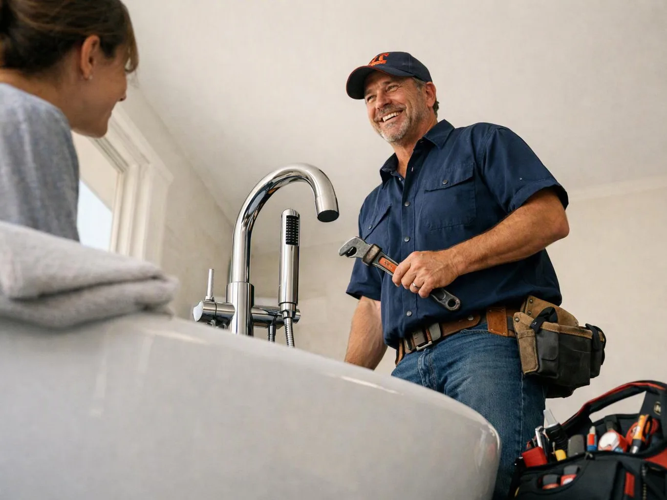 A smiling plumber holds a wrench beside a bathtub while talking to a woman in a bright bathroom