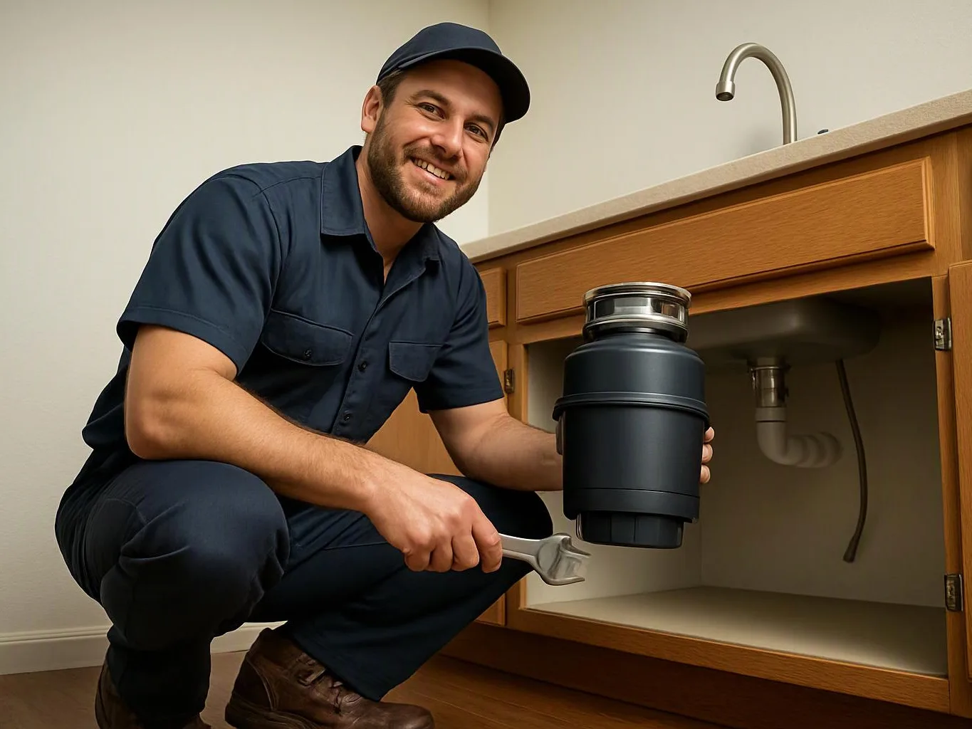 A smiling plumber in a navy uniform crouches beside an open sink cabinet, holding a wrench and a garbage disposal unit