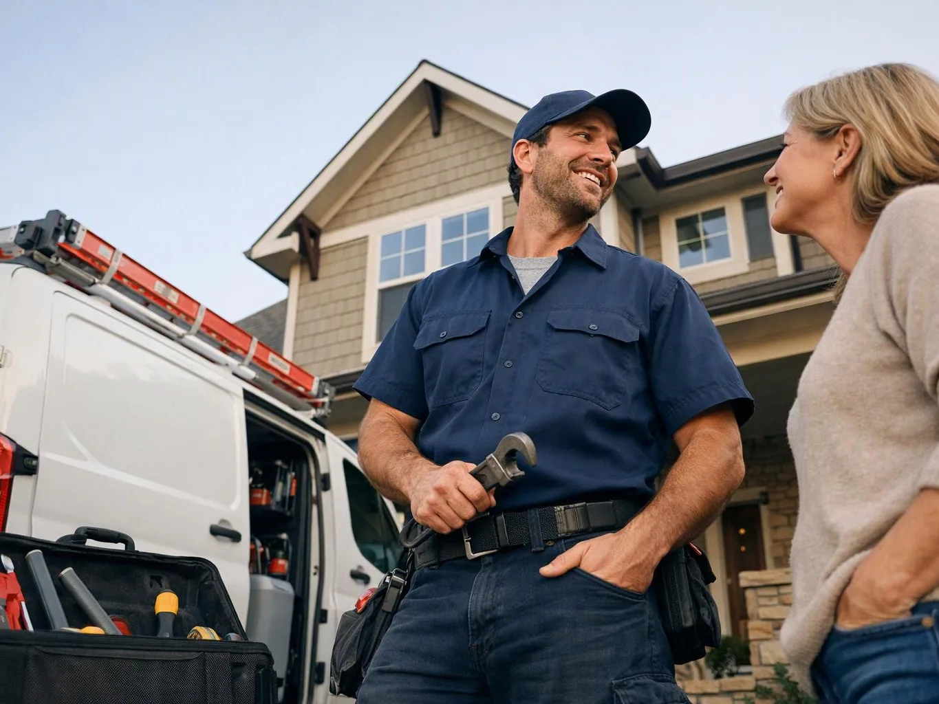 A smiling repair worker holds a wrench outside a house while talking with a woman beside a service van