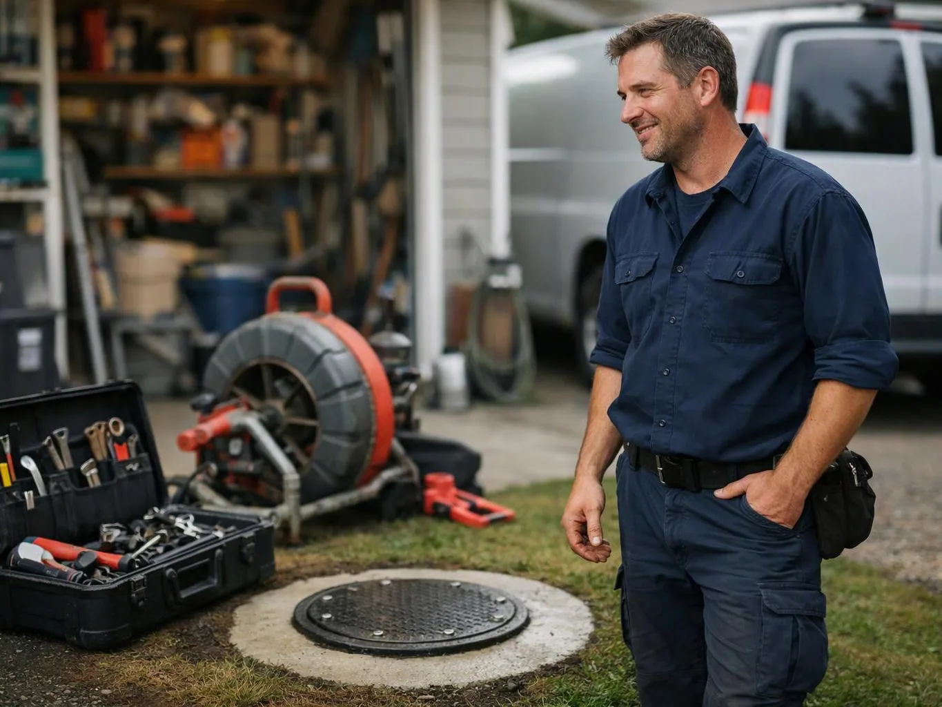 A smiling repair worker stands beside open tool cases and a drain cover outside a garage