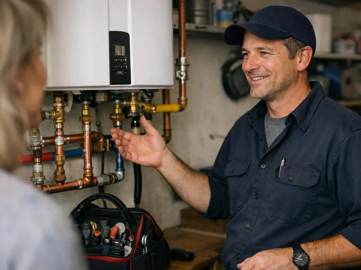 A smiling repairman in a cap gestures beside a wall-mounted boiler and copper pipes in a utility room