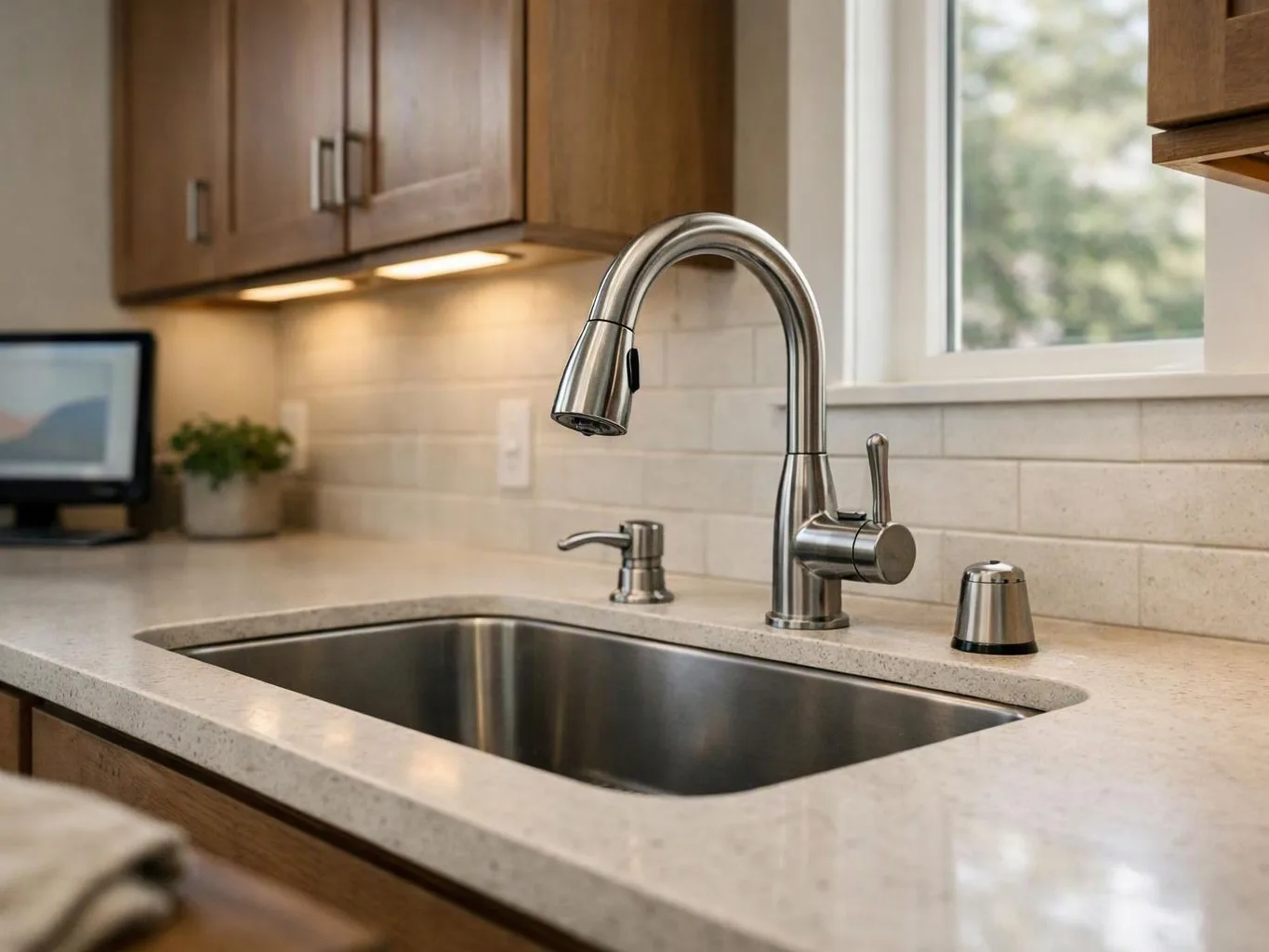 A stainless steel kitchen sink sits under a curved faucet beside a window and wood cabinets