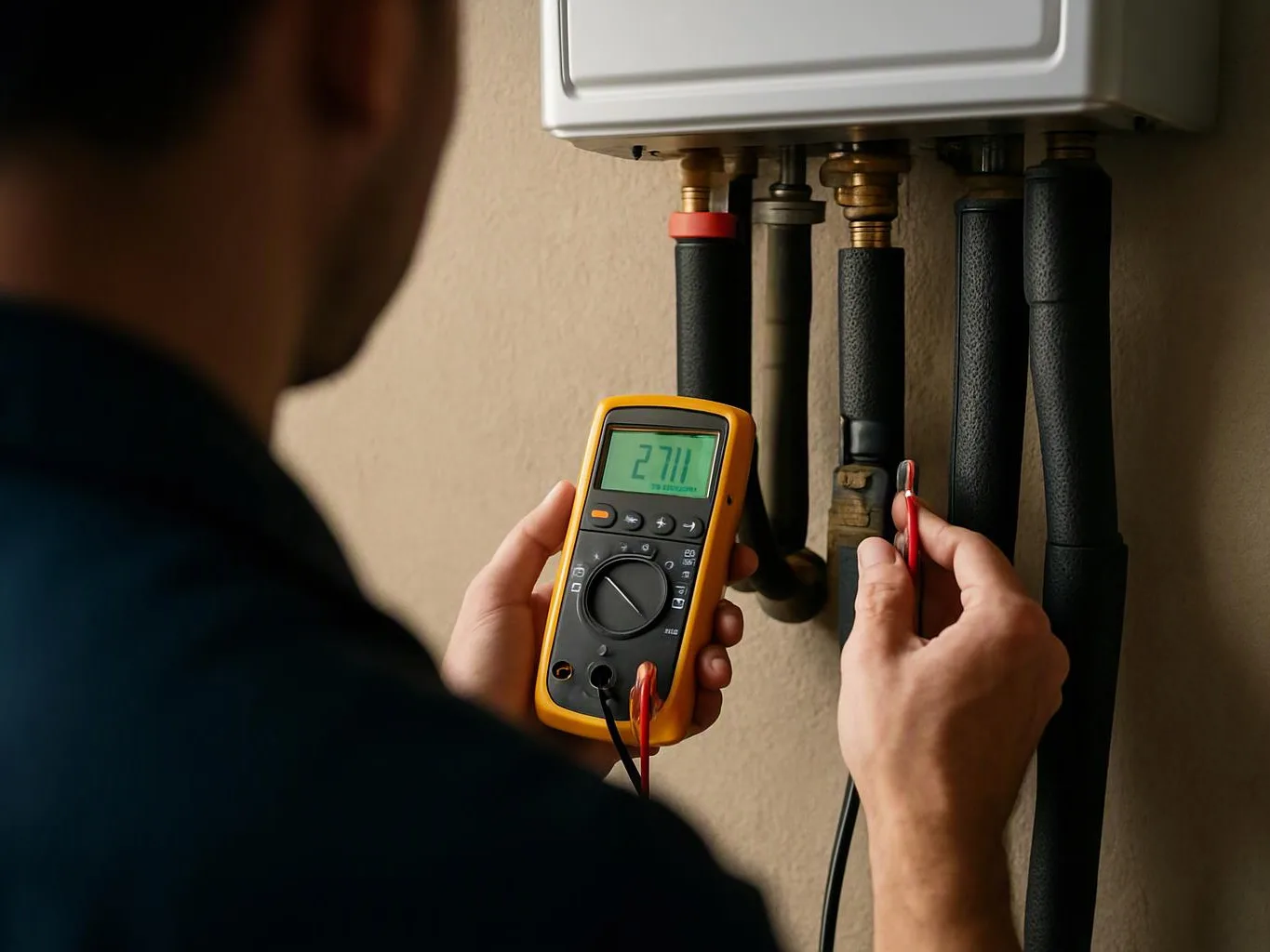 A technician checks pipes under a wall-mounted unit with a digital multimeter in a room