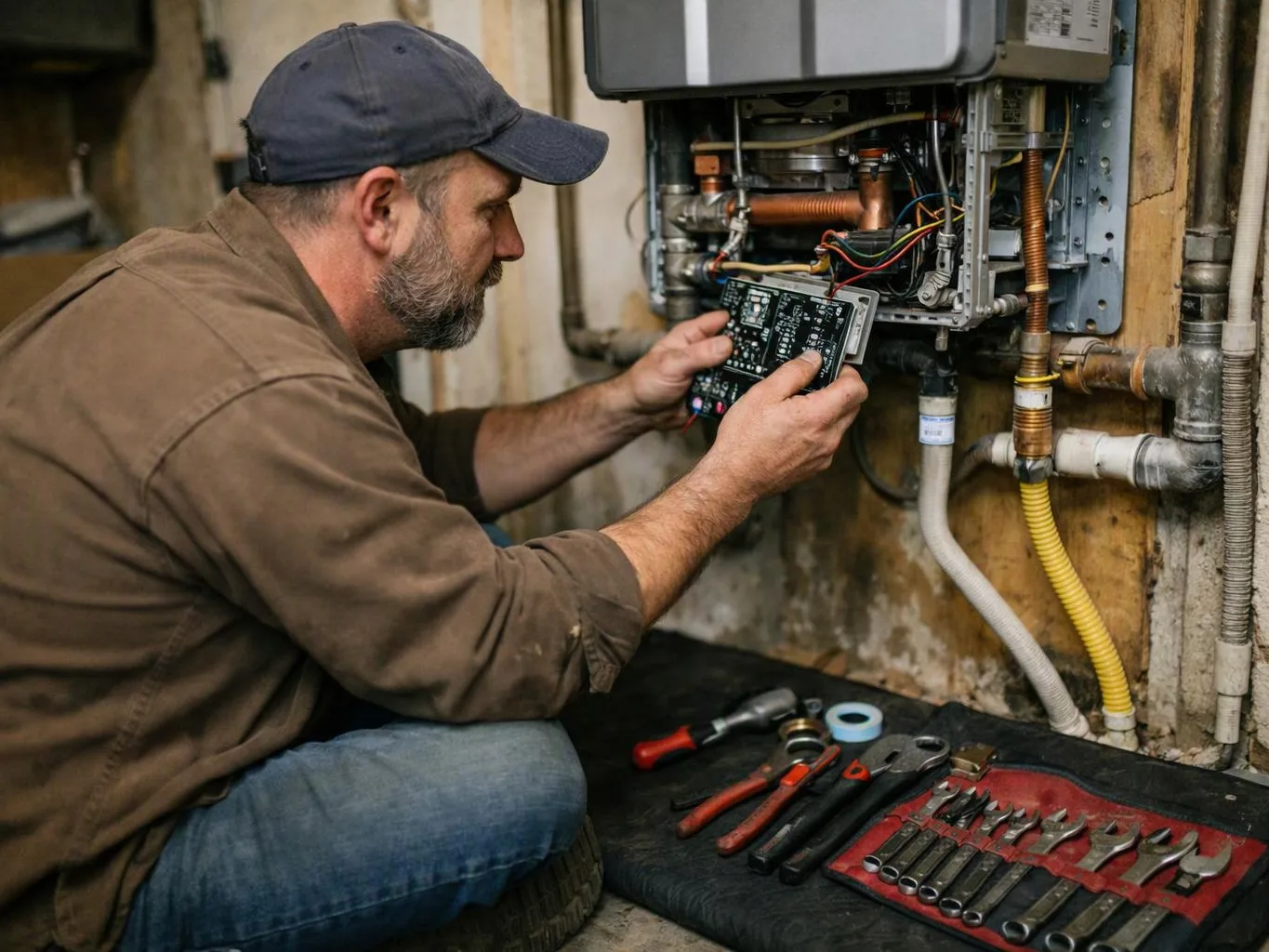 A technician kneels beside an open wall unit, checking wiring with tools spread on the floor