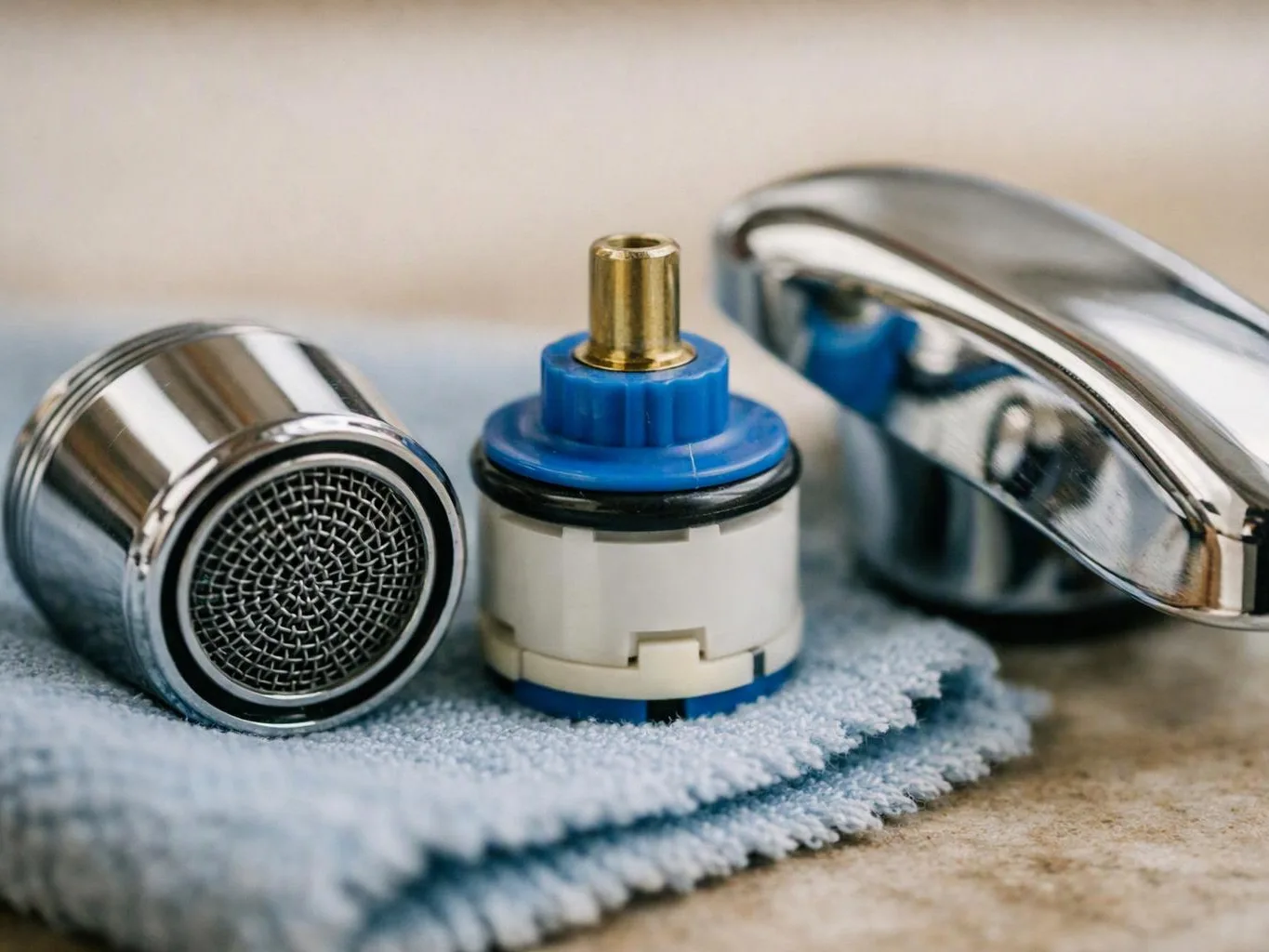 Three chrome faucet parts rest on a blue cloth, including a mesh aerator and a blue-and-white cartridge