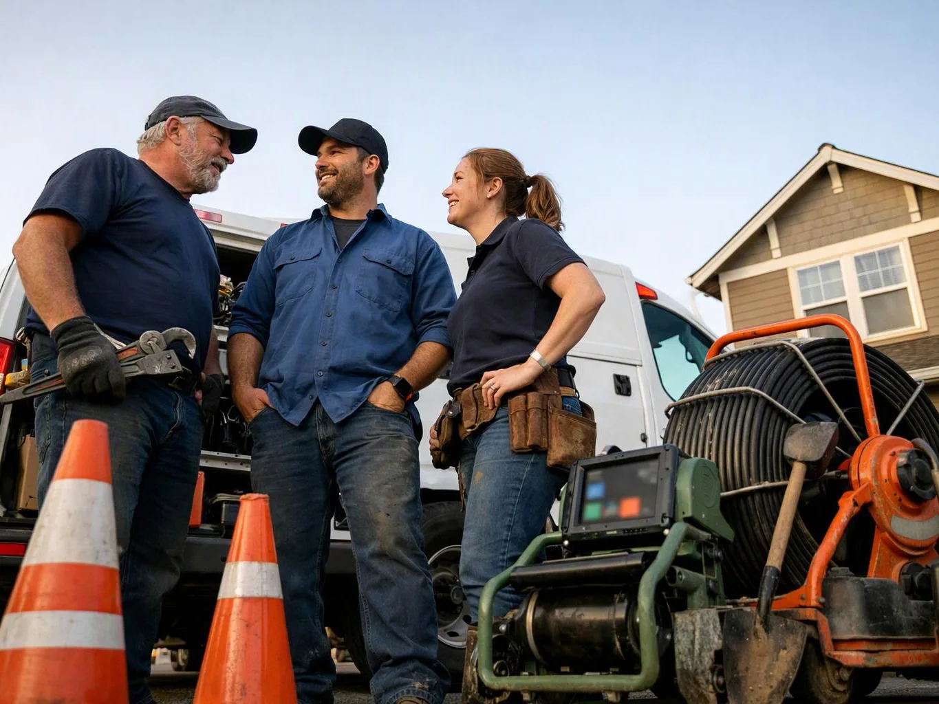 Three utility workers stand beside a service van and drain-cleaning equipment outside a house
