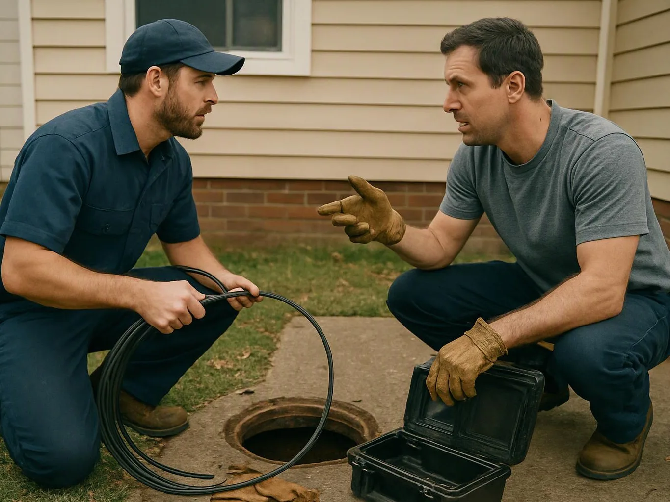 Two men crouch by an open ground hole, one holding cable and the other pointing while wearing gloves beside a toolbox