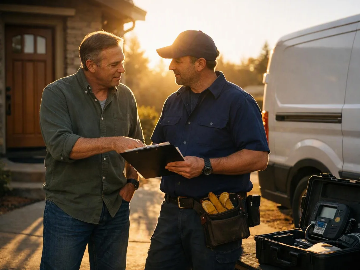 Two men stand beside a white van, reviewing a clipboard at sunset near a house