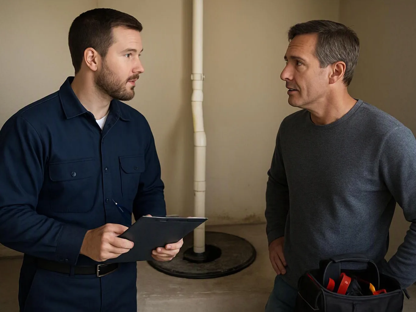 Two men talk in a bare room, one holding a clipboard and the other a tool bag