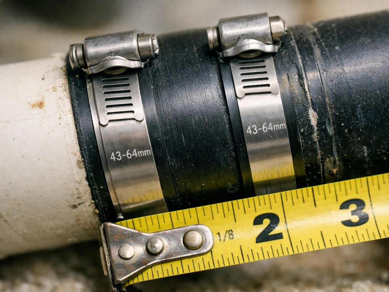 Two metal hose clamps tighten a black pipe joint while a yellow tape measure checks the width