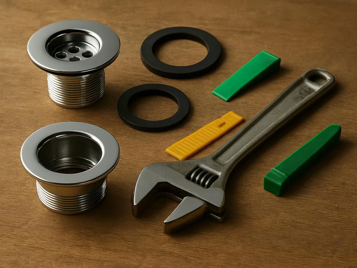 Two shiny sink drains, an adjustable wrench, and small rubber and plastic parts lie on a wooden surface