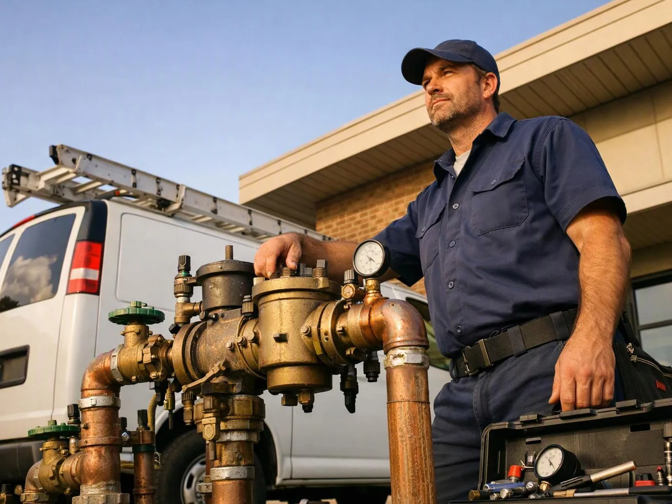 A uniformed technician stands beside copper piping and gauges, with a white service van and building behind him