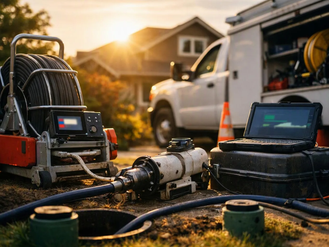 Utility cables and equipment sit beside a white service truck in a suburban driveway at sunset