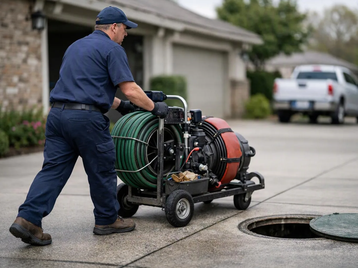 A utility worker pushes a hose machine toward an open manhole in a suburban driveway