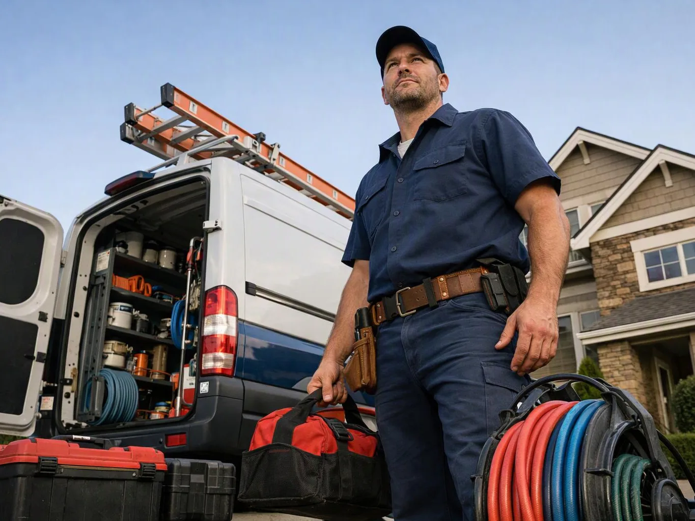 A utility worker stands beside an open van with hoses, tools, and ladders outside a house