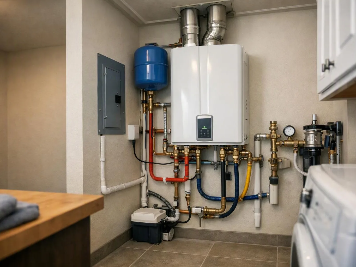 A wall-mounted boiler with colorful pipes and gauges sits in a small utility room