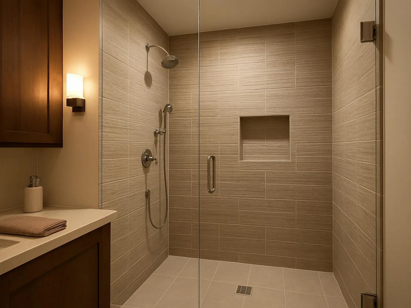 A warm tiled shower with glass doors sits beside a vanity, lit by a wall sconce