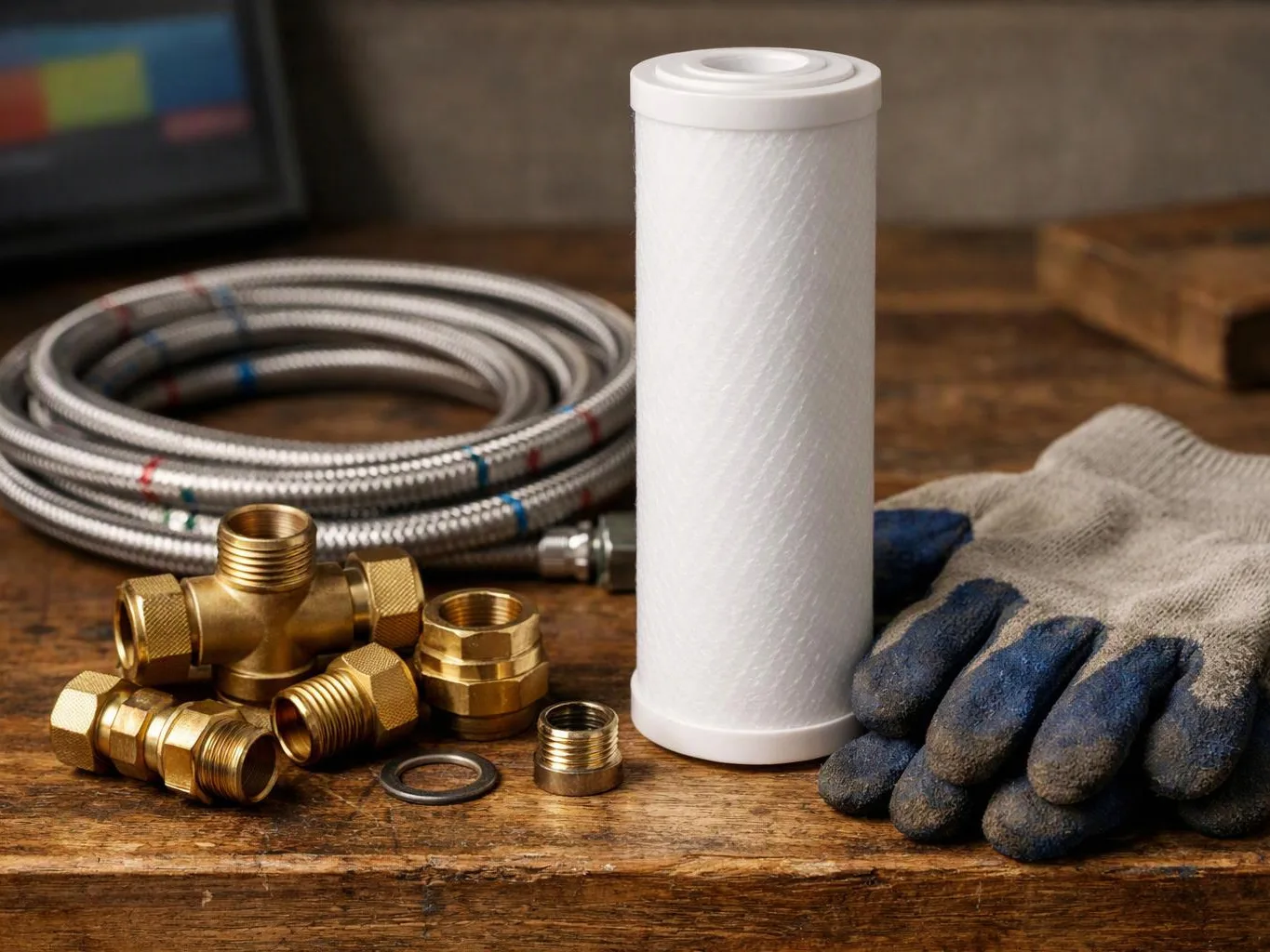 A water filter cartridge sits beside brass plumbing fittings, a coiled hose, and work gloves on a wooden table