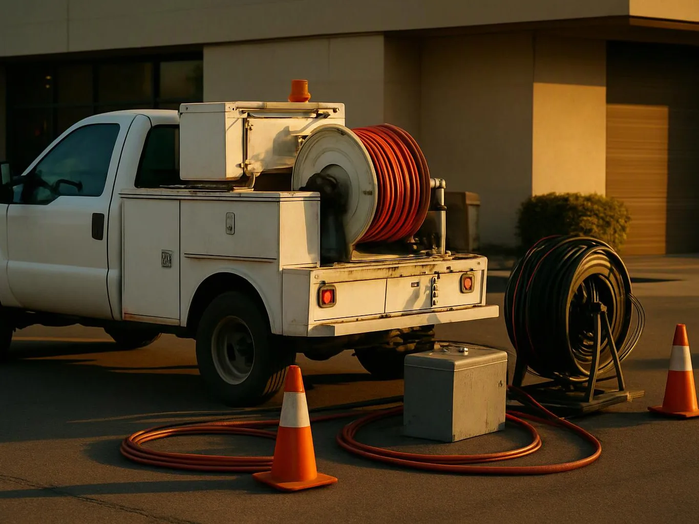 White utility truck parked beside coiled hoses and orange traffic cones in a sunlit lot