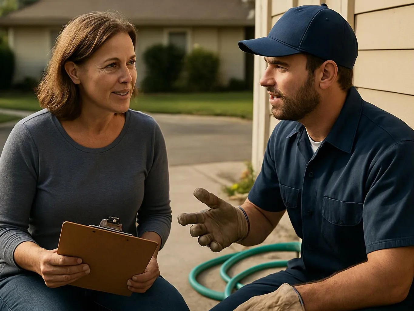 A woman holds a clipboard while talking with a man in a cap and work clothes beside a house and garden hose