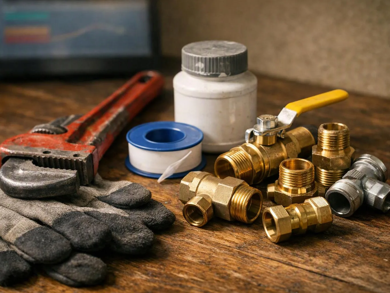 A workbench holds a pipe wrench, gloves, tape, fittings, and a yellow-handled valve assembly