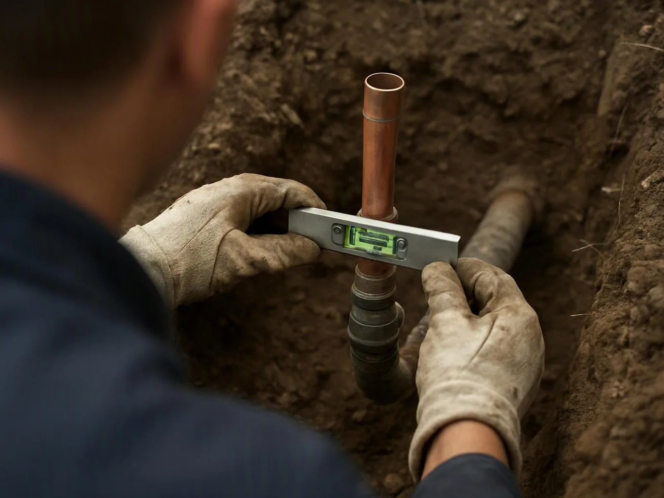 A worker in gloves levels a copper pipe in a dirt trench with a spirit level