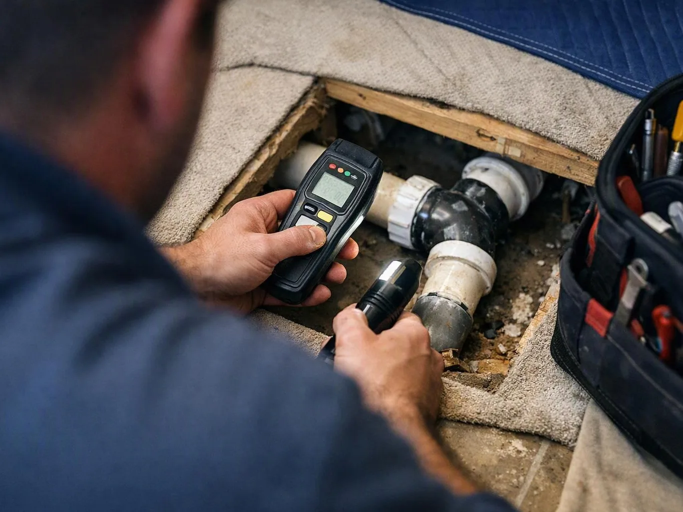 A worker inspects exposed plumbing under flooring with a handheld meter and flashlight
