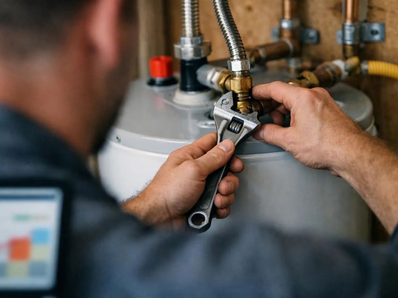 A worker uses a wrench to tighten a pipe fitting on a metal water heater tank