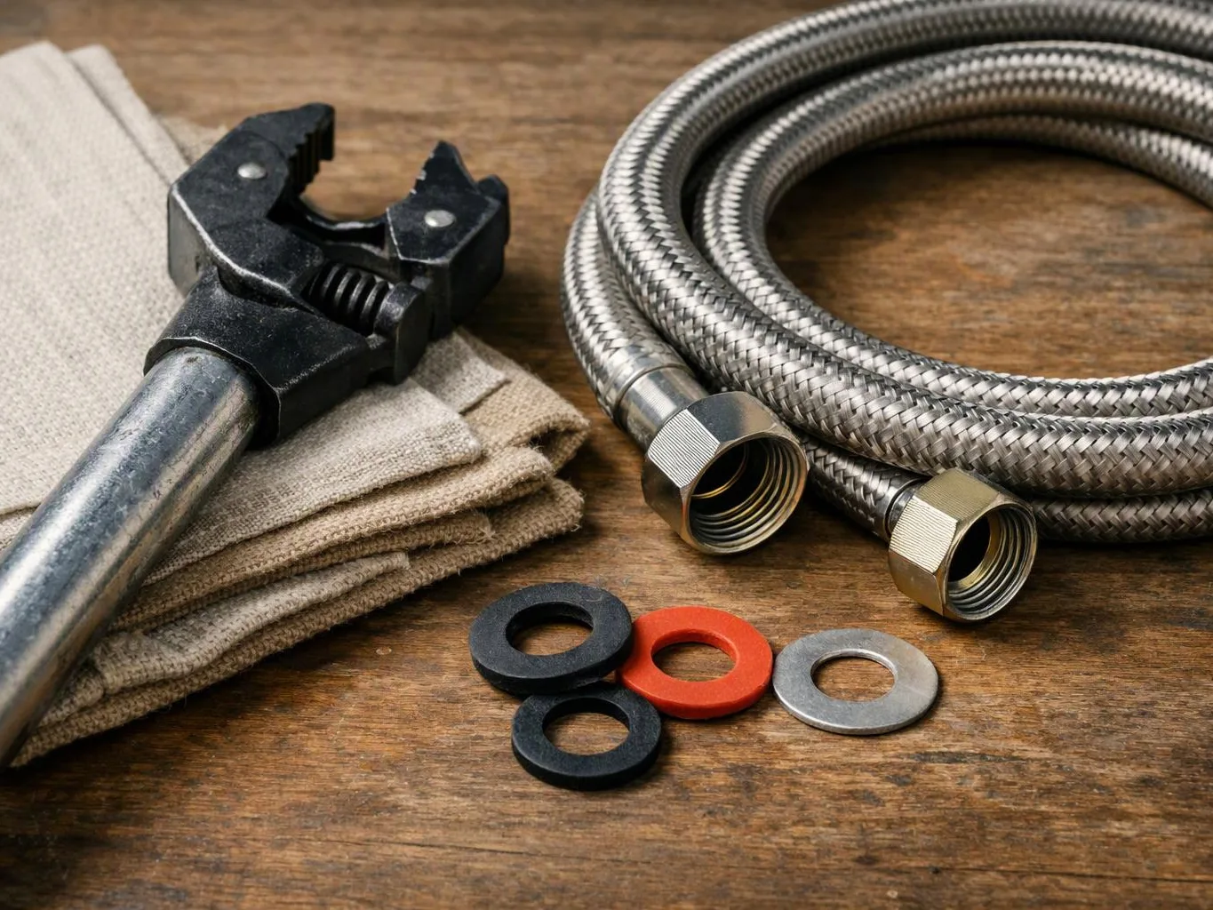 A wrench, braided hoses, washers, and folded cloth sit on a wooden work surface